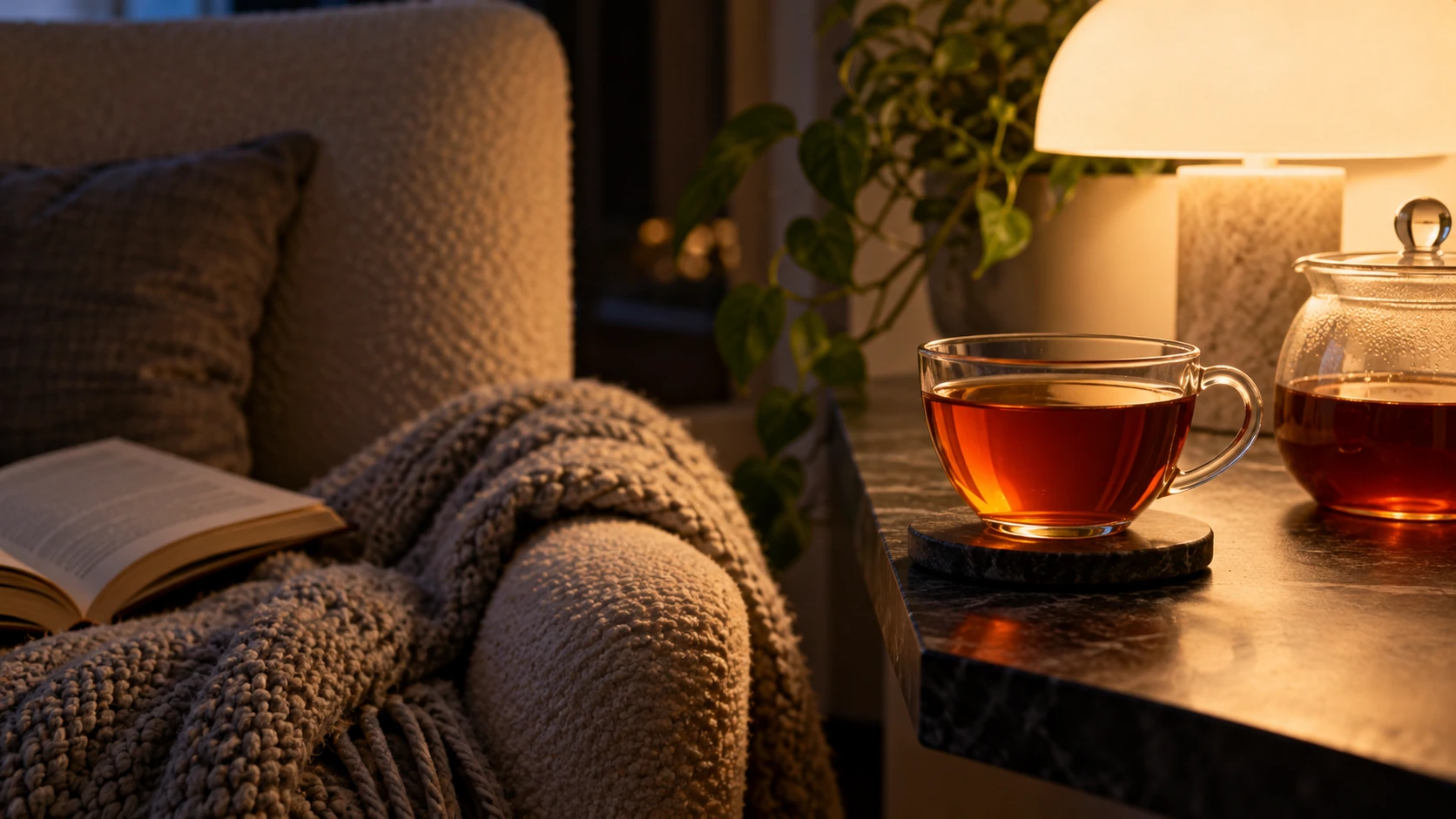 A cosy evening tea setting; not a claim about sleep or clinical effects.