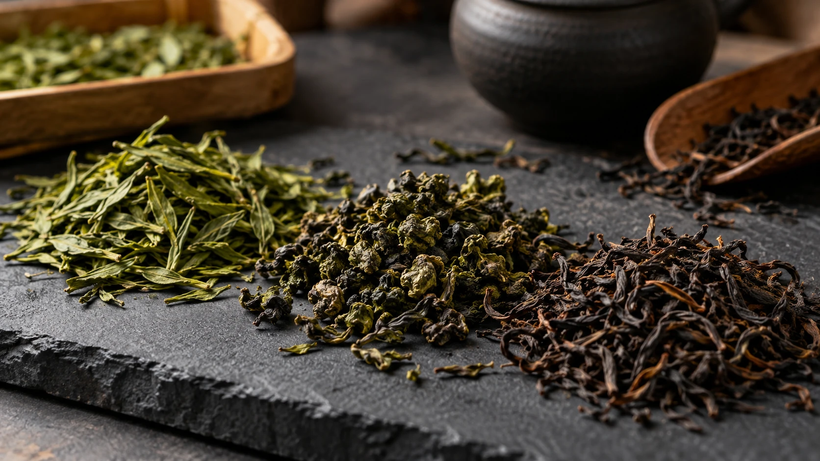 Loose tea leaves photographed on slate; illustrative educational imagery.