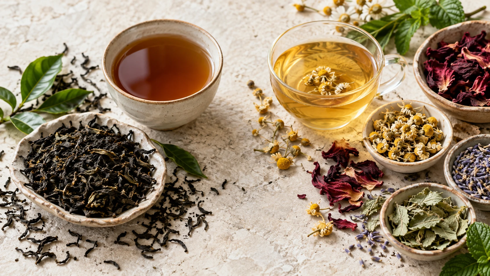 Herbal infusion ingredients in a natural still life; botanical identity is not authenticated.