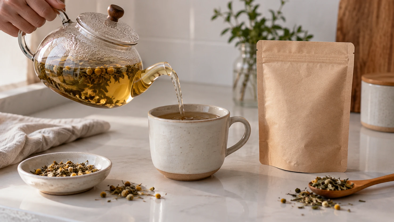 A tea preparation scene with cups and teaware.