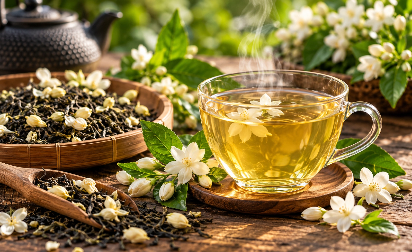 AI-generated editorial image: Mixed blossoms and loose-leaf tea next to a cup