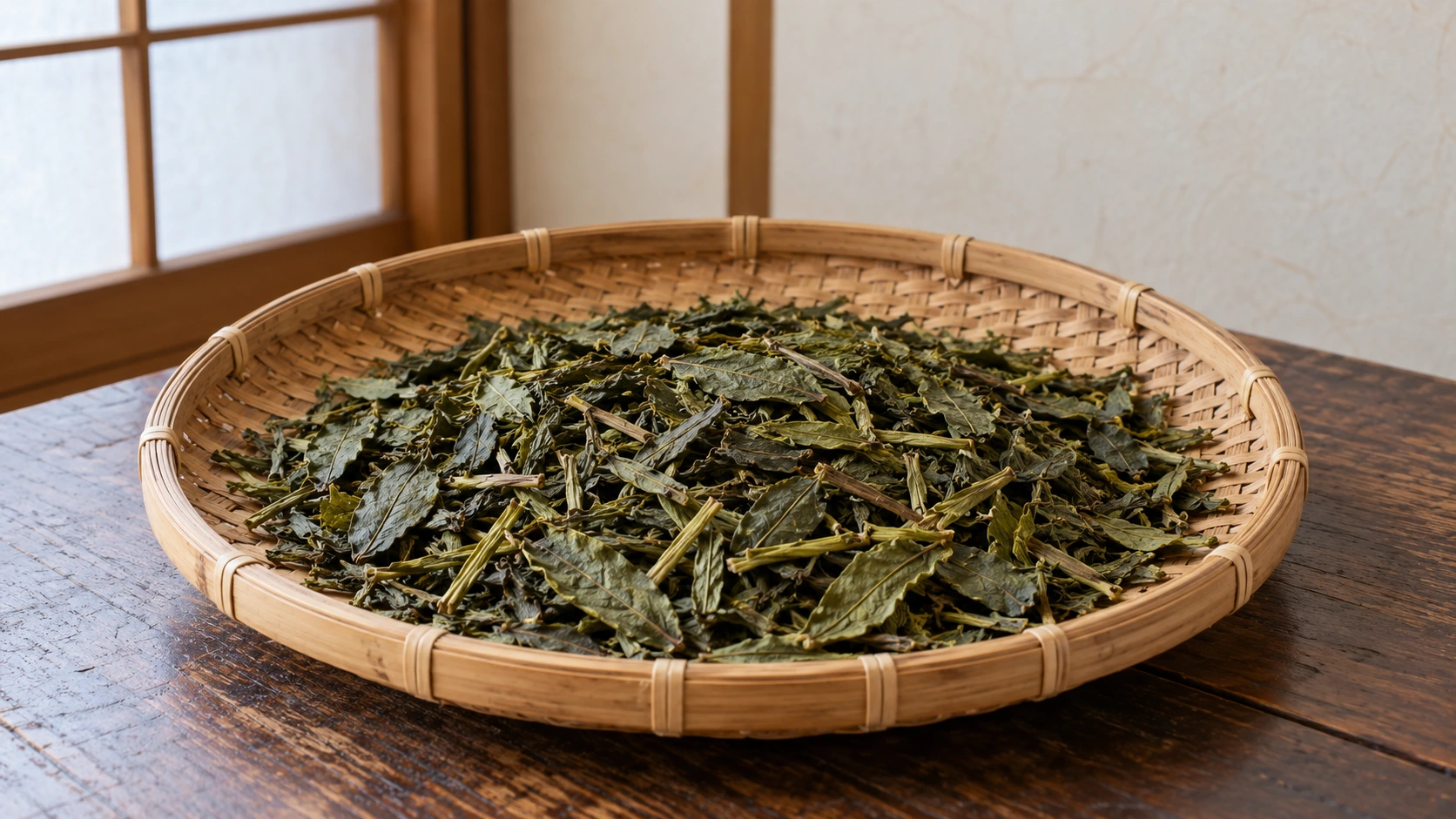 Original AI-generated editorial photograph of coarse bancha leaves drying in a woven bamboo tray