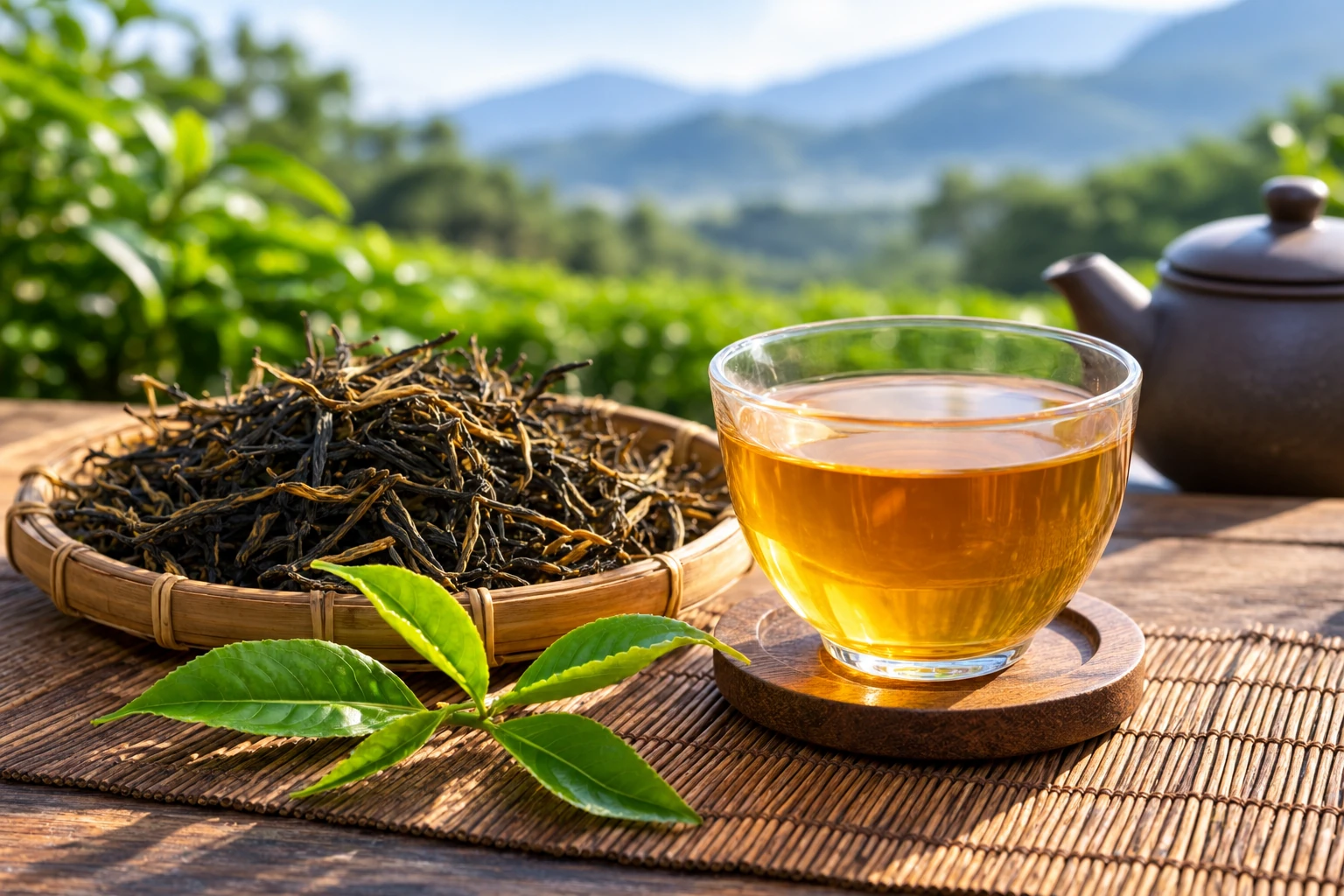 AI-generated editorial tea photograph of dark processed black tea leaves beside a glass of amber black tea.