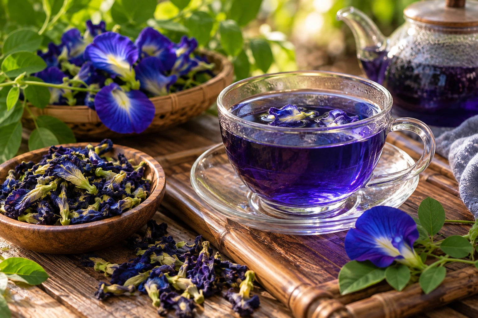 AI-generated editorial photograph of blue butterfly pea blossoms with a deep indigo-violet herbal infusion