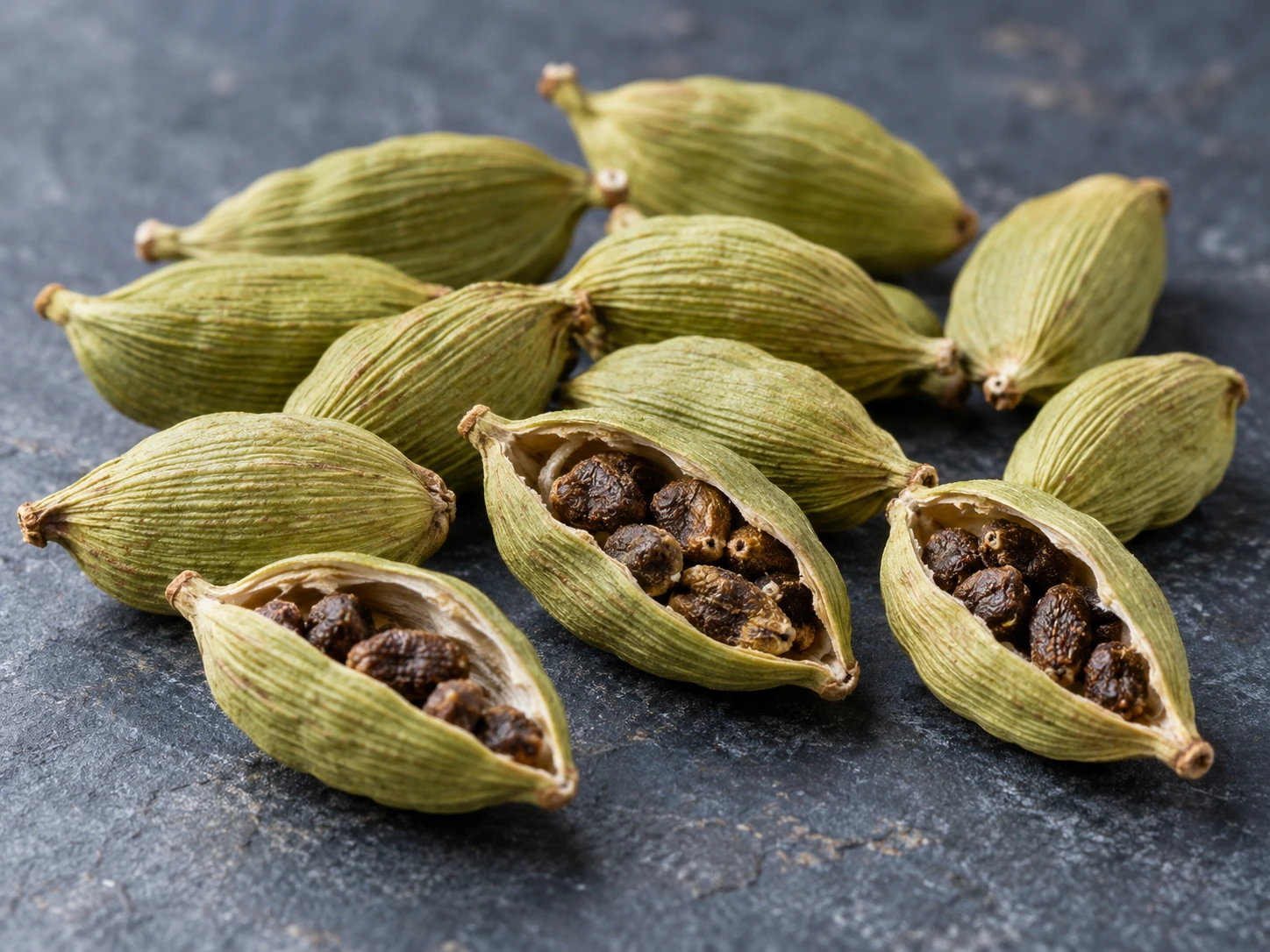 AI-generated editorial photograph of green cardamom pods, including split pods revealing dark seeds; illustrative, not authenticated botanical or product evidence.