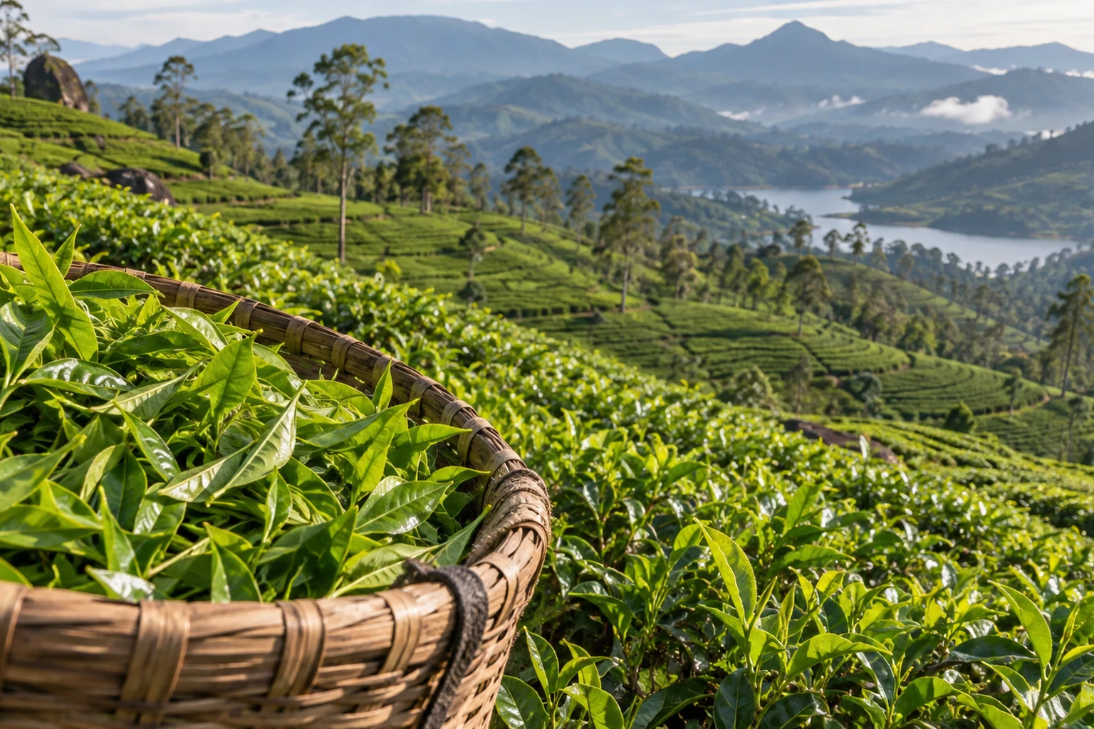 Illustrative tea harvest setting in the highlands; not a photograph authenticated to Sri Lanka.