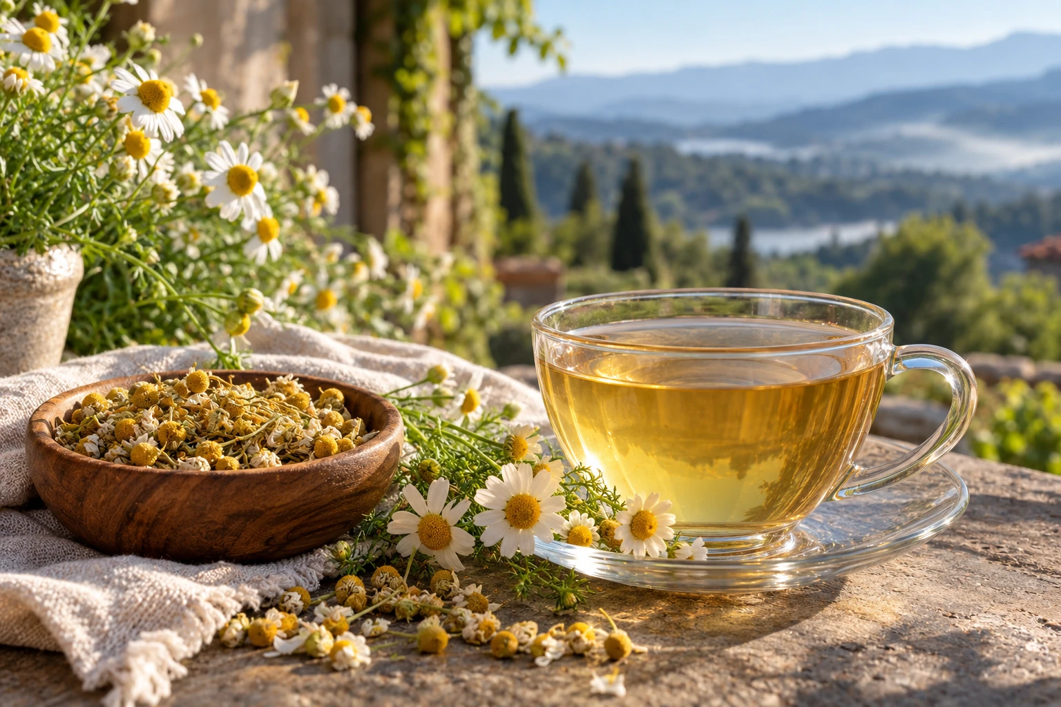 AI-generated editorial photograph of dried chamomile flowers beside a clear cup of golden chamomile infusion.
