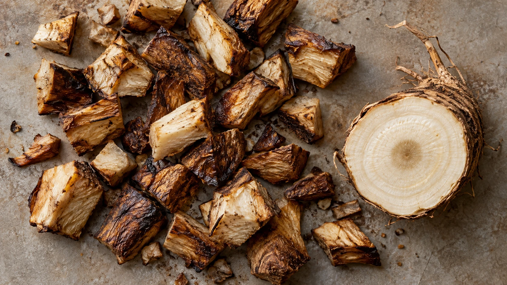 Roasted chopped root pieces and a root cross-section, illustrating a chicory beverage.