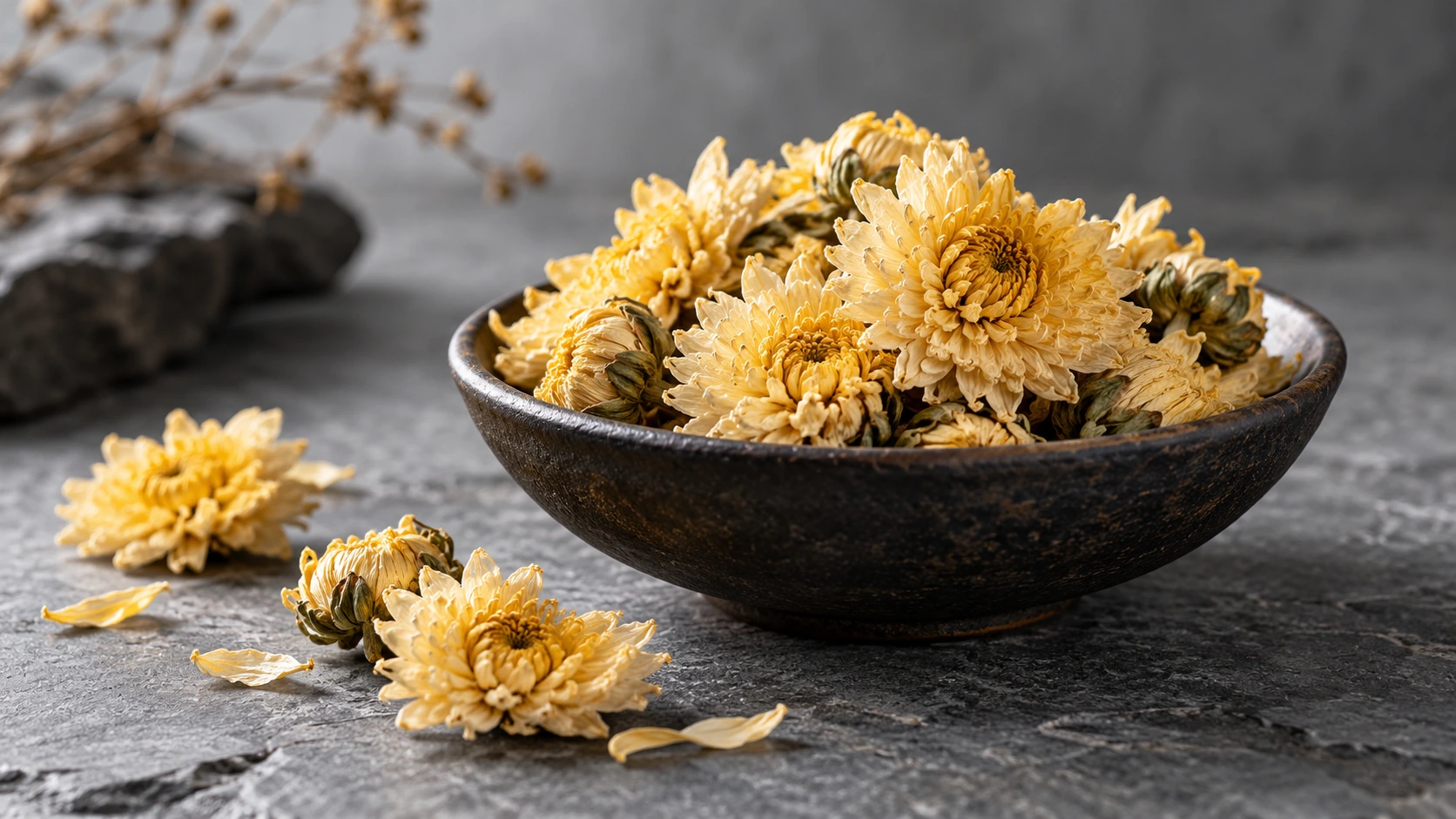 Original AI-generated editorial photograph of dried pale-yellow chrysanthemum flower heads in a dark stoneware bowl