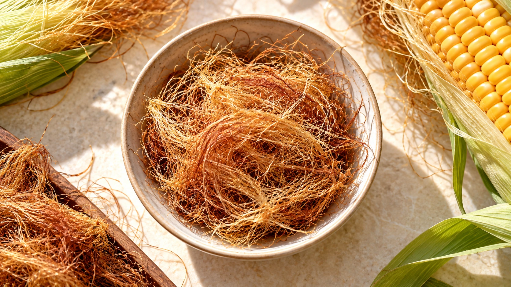Corn ears with golden corn silk, AI-generated editorial overhead still life