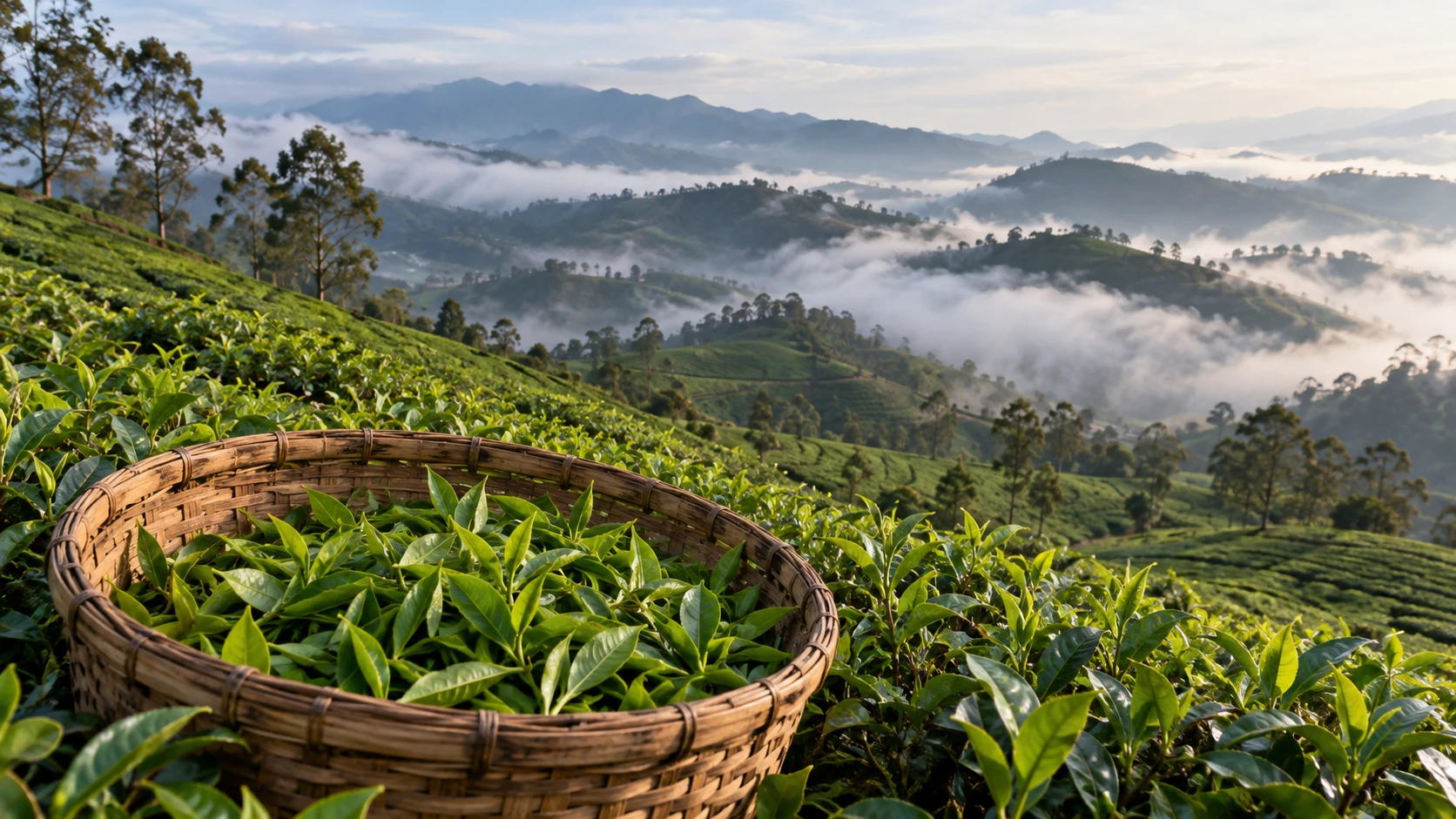 Tea bushes in a misty mountain landscape; exact Phoenix Dan Cong origin not authenticated.