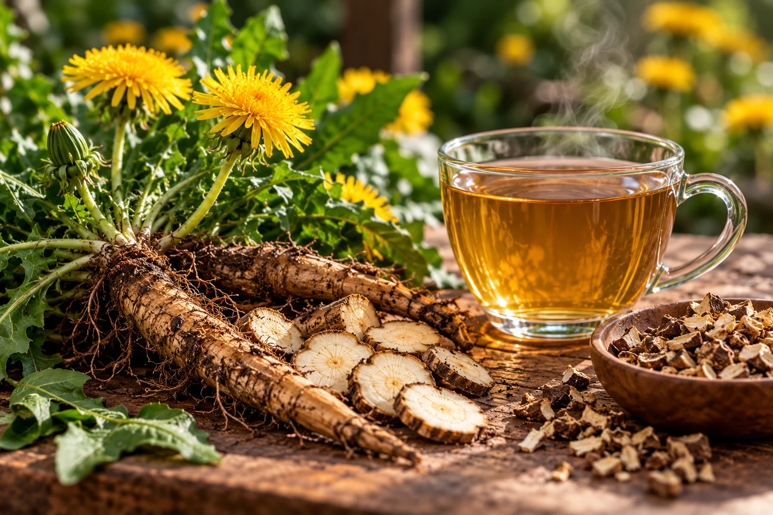 AI-generated editorial photograph of dandelion root harvest with yellow dandelion flowers and slices beside herbal tea; illustrative, not authenticated specimen or product evidence.
