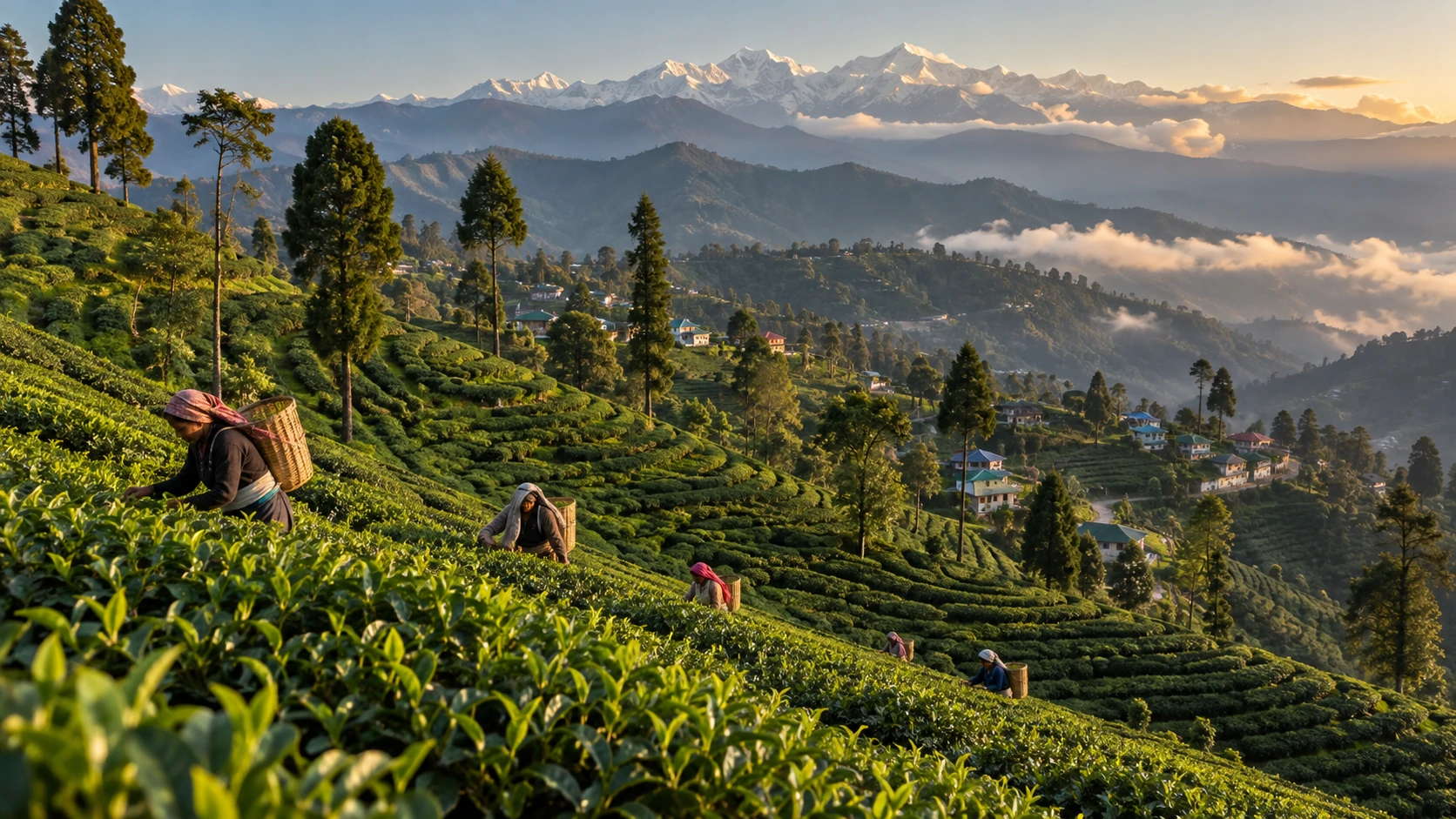 Terraced tea fields against Himalayan mountains; not proof of a named Darjeeling estate.
