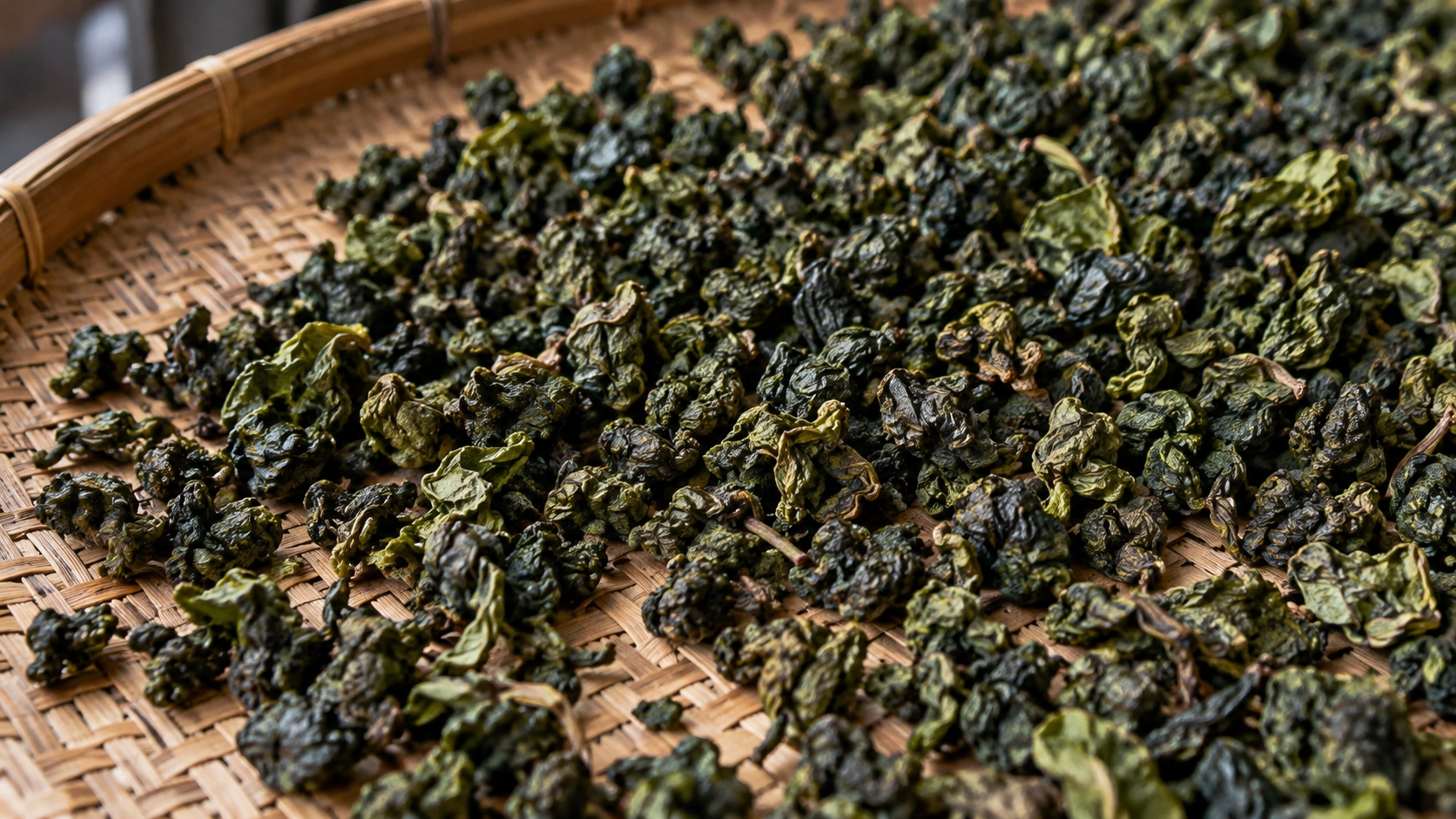 AI-generated editorial illustration: Small rolled dark-green oolong-style tea leaves spread over a woven bamboo tray; Dong Ding origin unverified