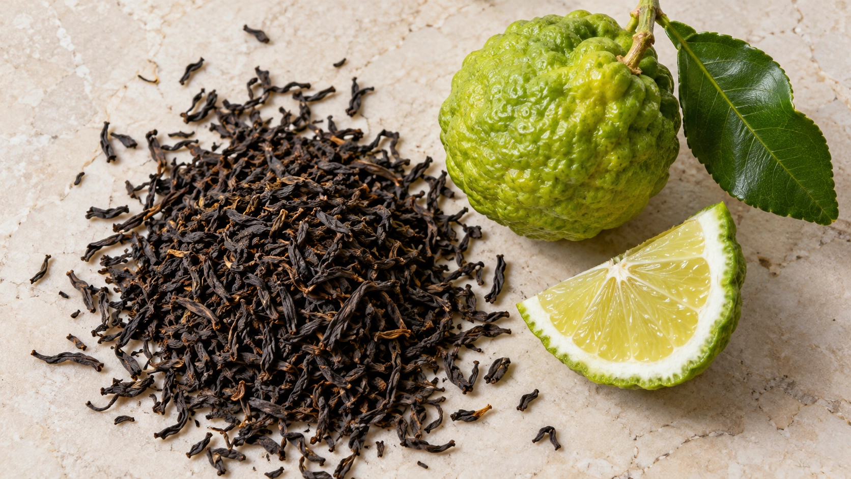 AI-generated editorial image: Bergamot citrus and loose black tea leaves; editorial Earl Grey ingredients