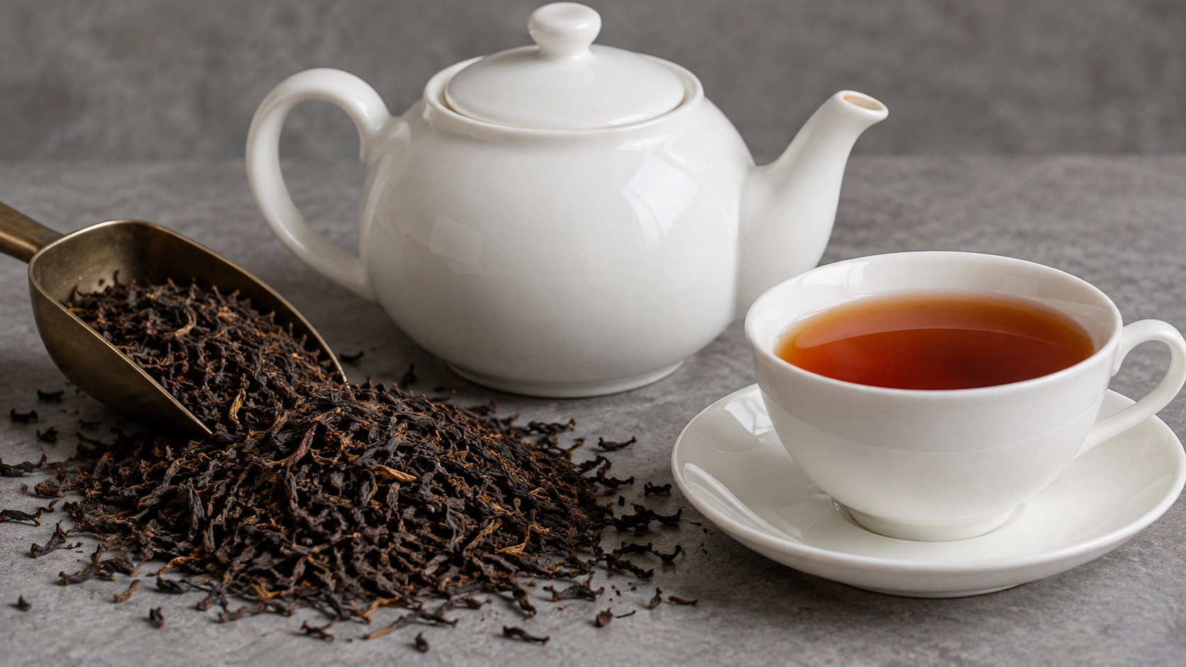 AI-generated editorial illustration: White teapot, plain brewed black tea and dark loose tea leaves; English Breakfast blend unverified