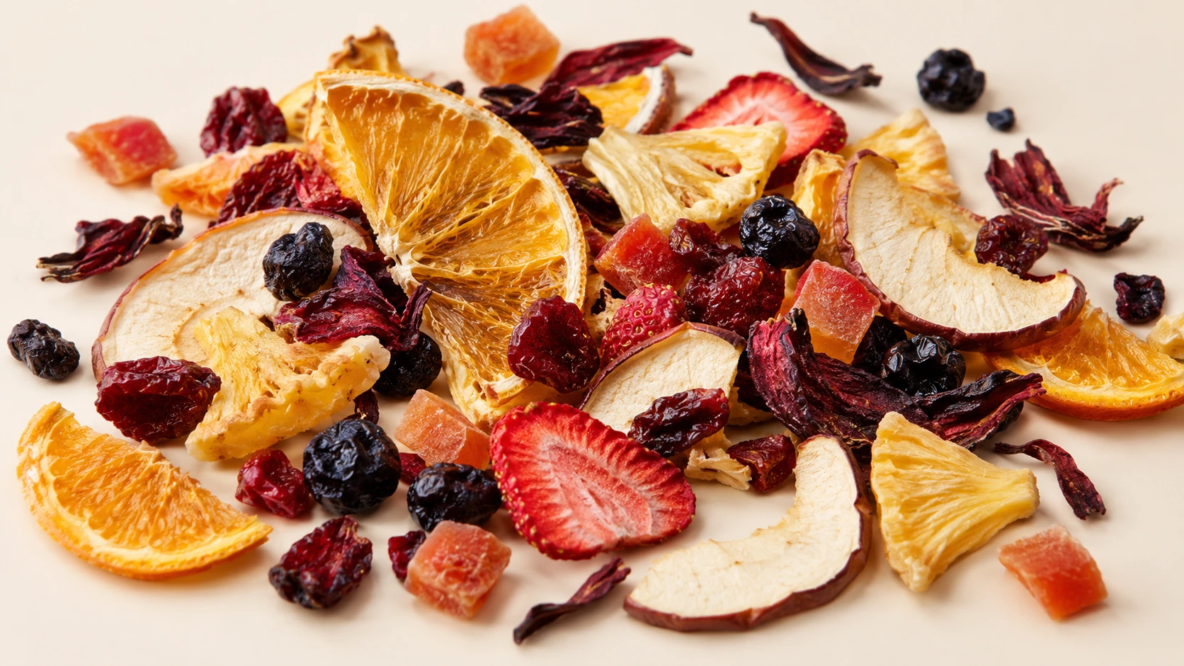 Selection of identifiable dried fruits and berries used in infusion blends.