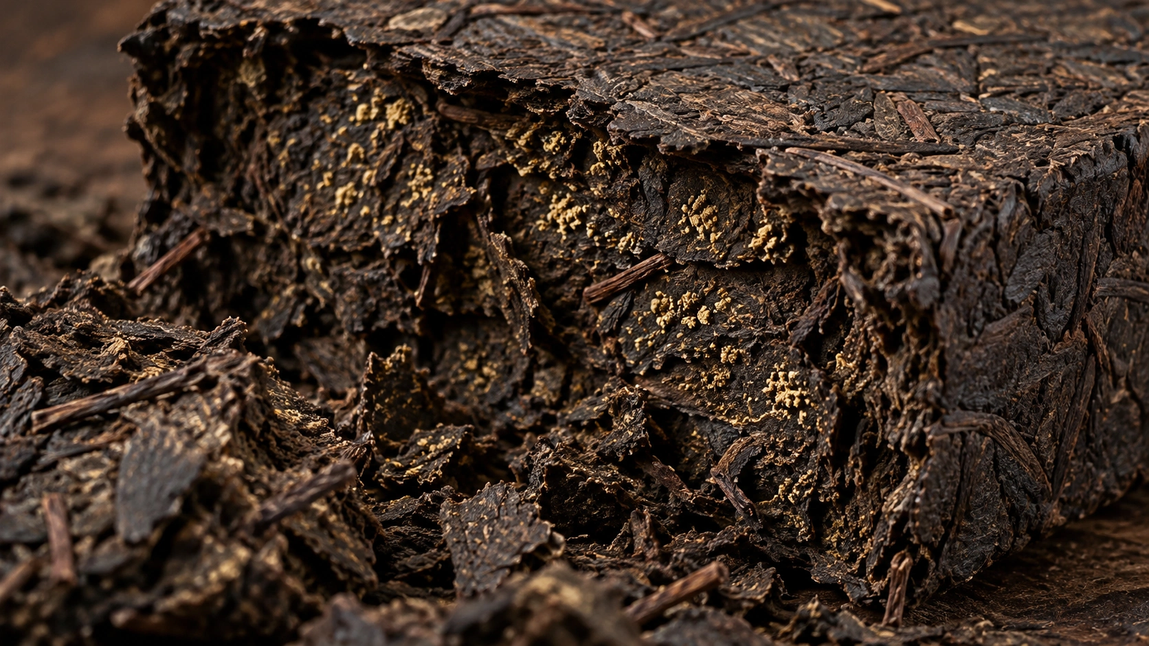 AI-generated editorial image: Dark compressed tea brick with gold-colored flecks; precise microbiology unverified
