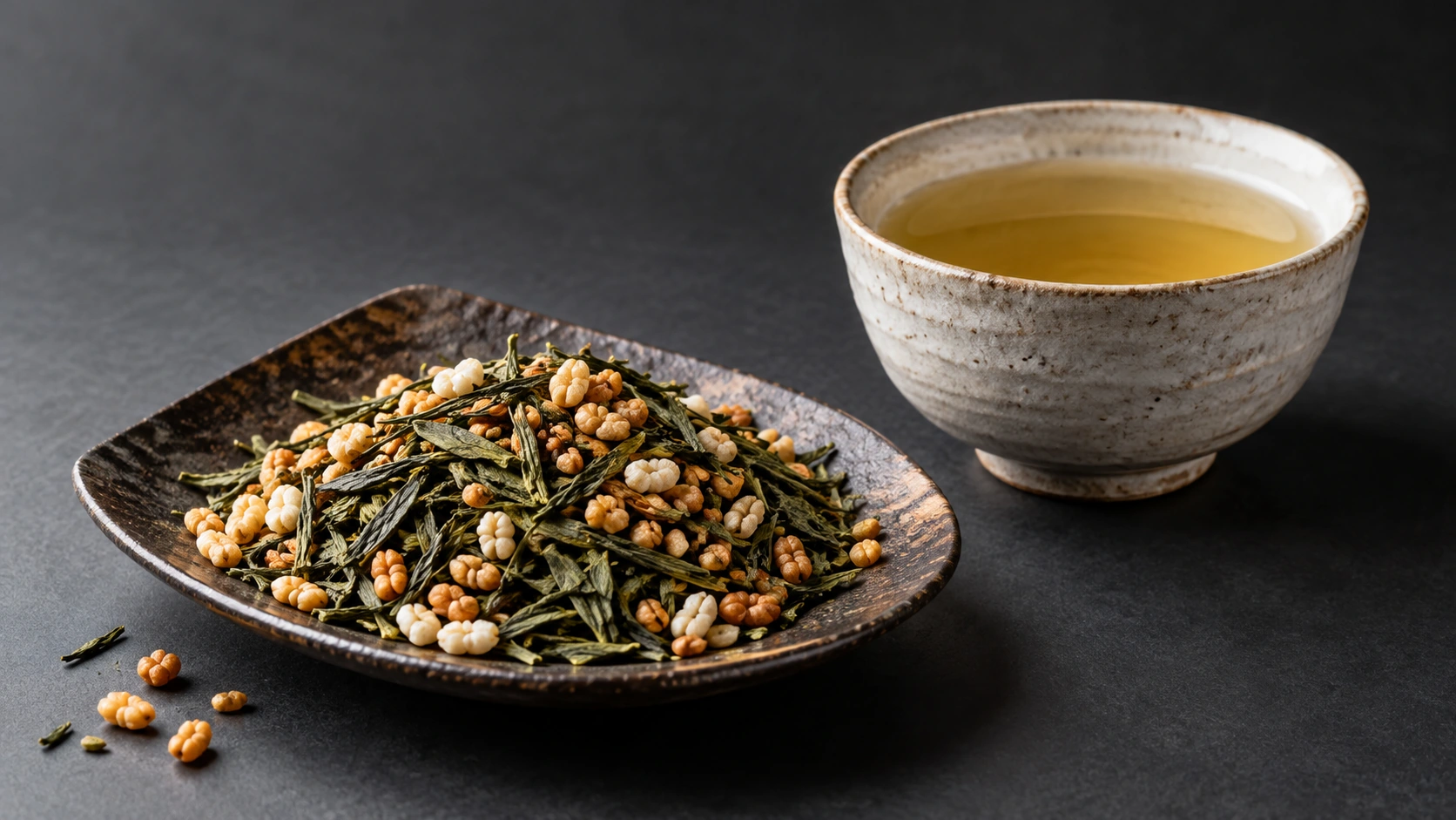 Original AI-generated editorial photograph of Japanese green tea leaves mixed with toasted rice beside a bowl of pale golden Genmaicha