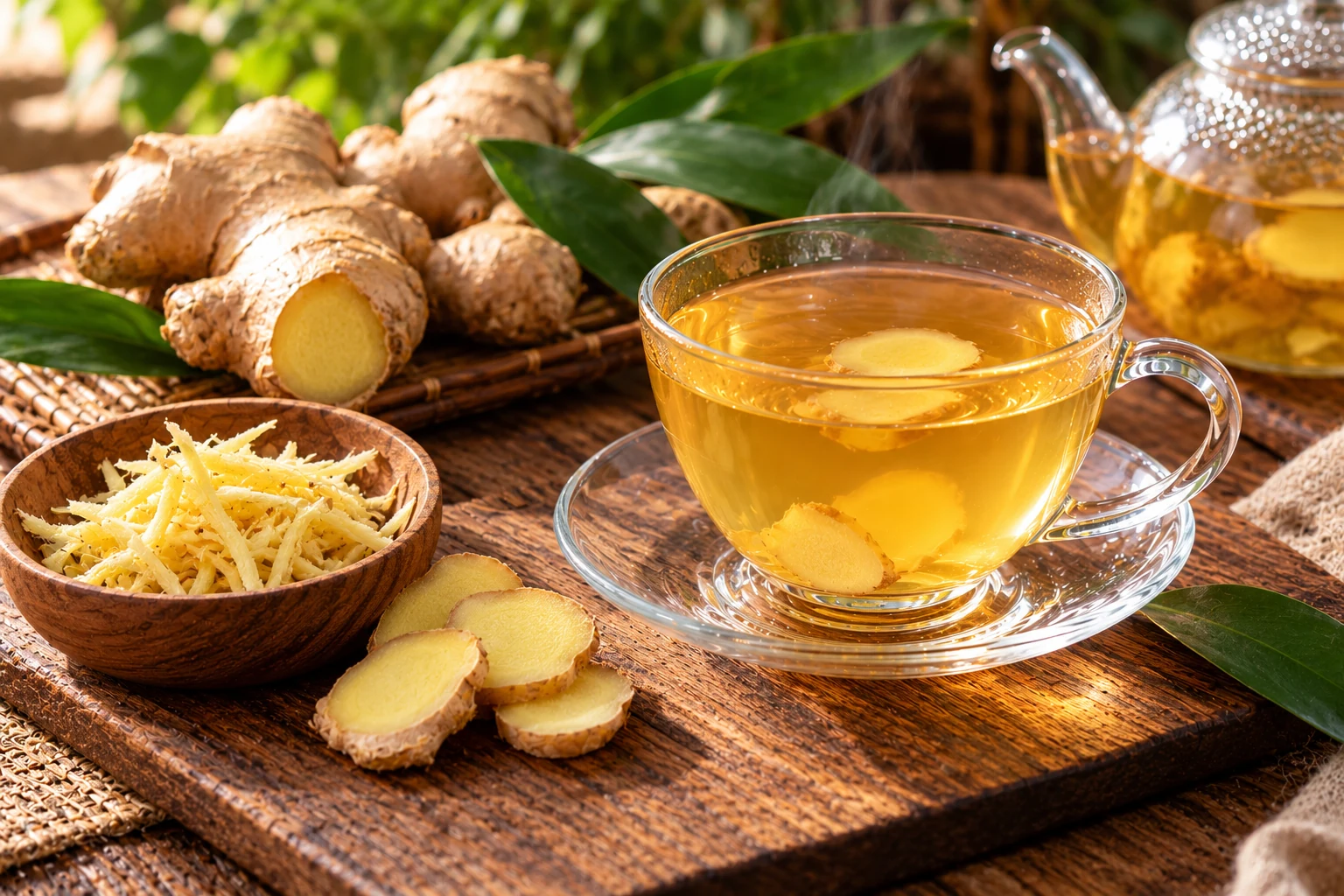 AI-generated editorial photograph of cut ginger rhizomes, shredded ginger and a pale ginger infusion