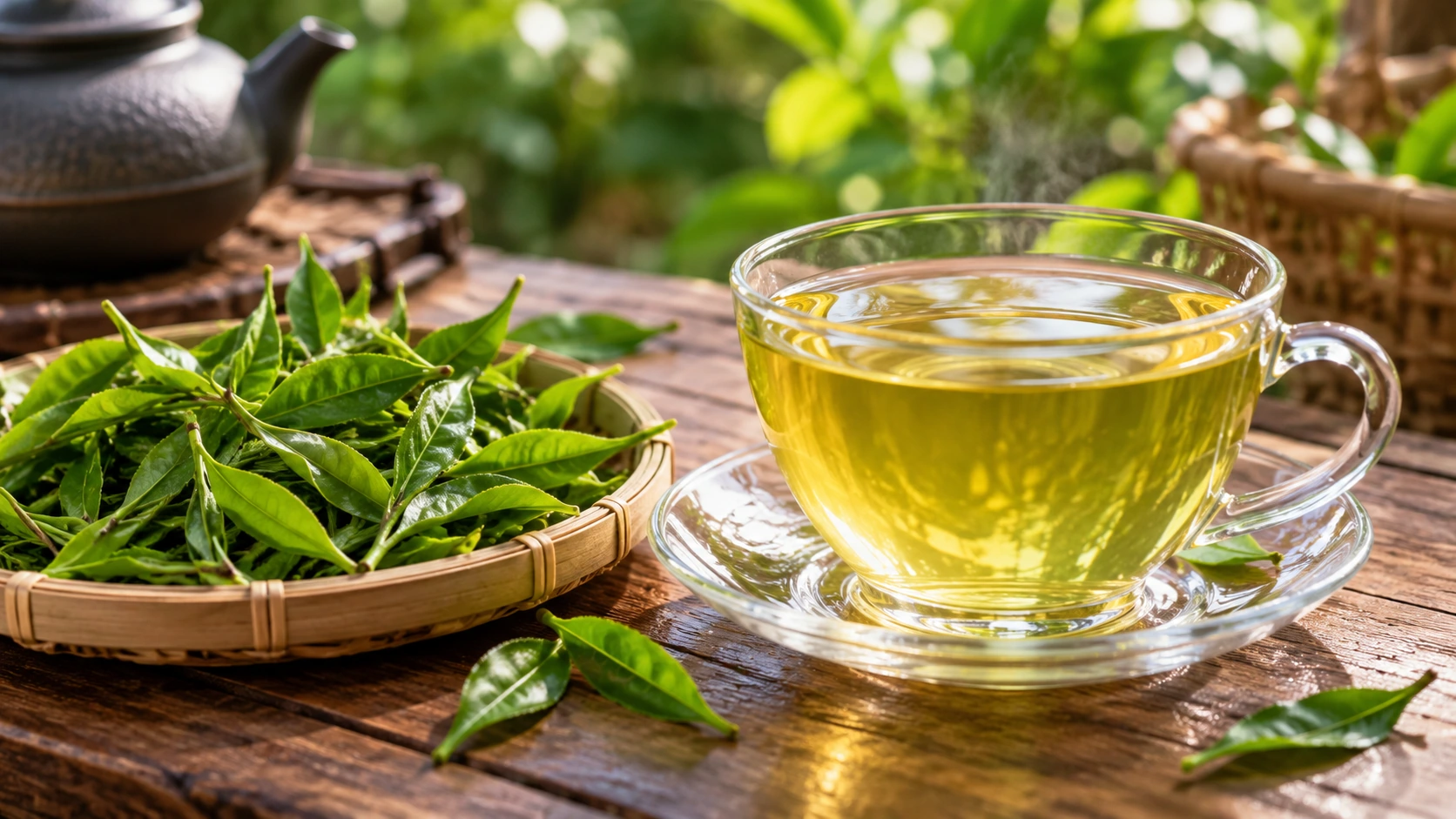 Photorealistic AI-generated green tea still life with fresh leaves and a light infusion