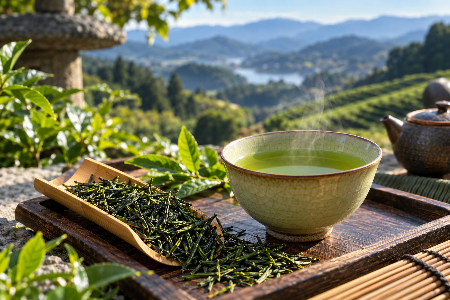 AI-generated editorial tea photograph of gyokuro-style Japanese green tea leaves and a pale green brew on a garden tea tray.