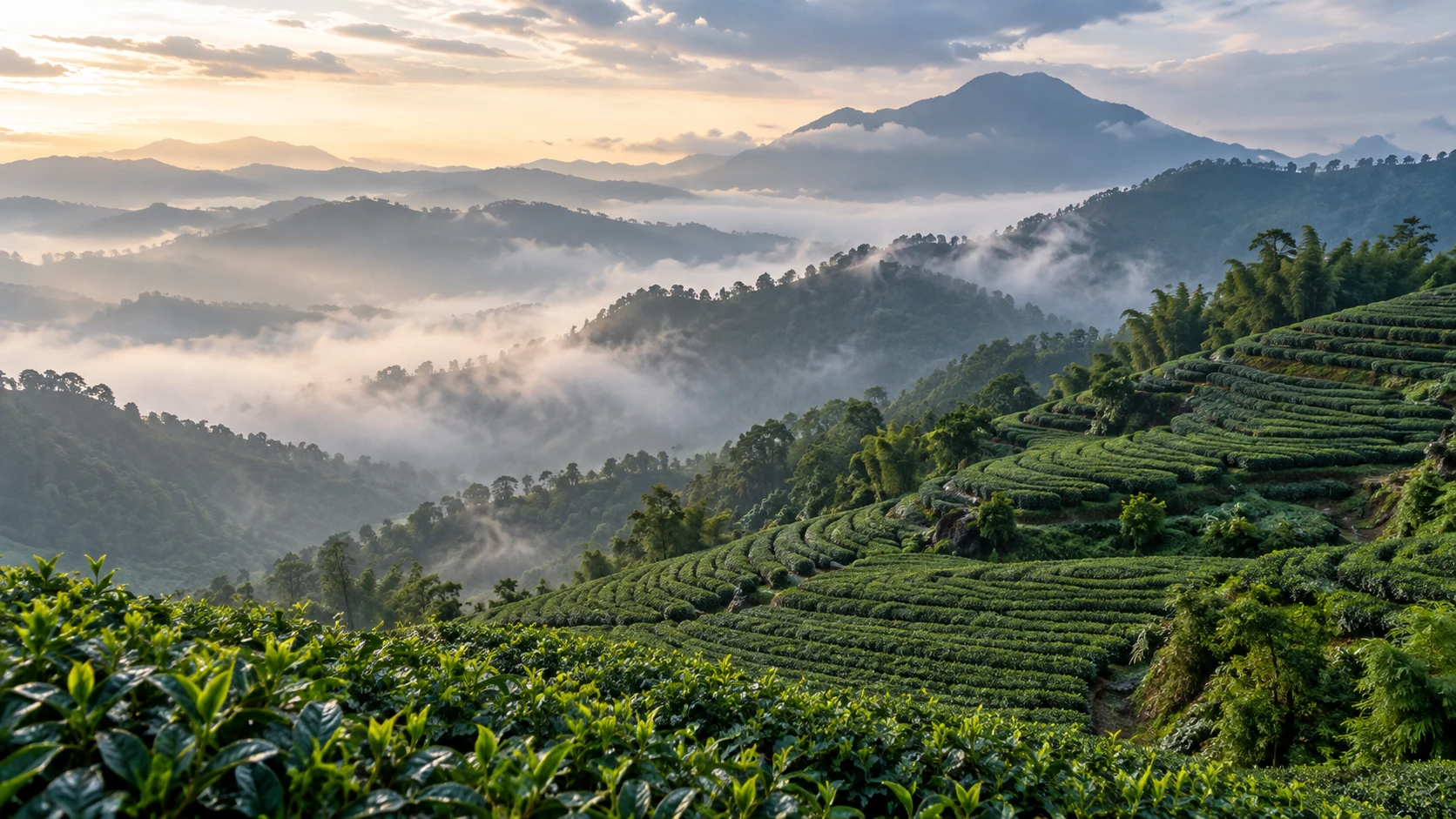 Misty terraced highland tea fields; exact cultivar and elevation not independently verified.