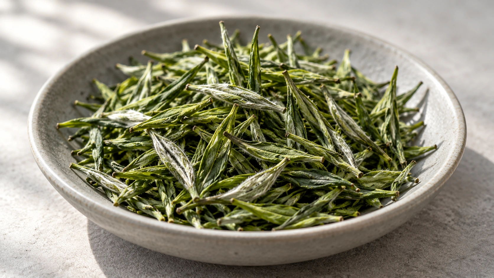 Original AI-generated editorial photograph of downy Huangshan Maofeng leaves in a gray ceramic dish