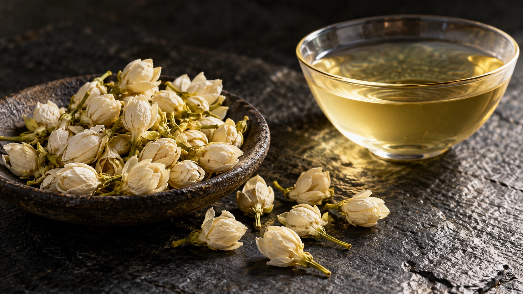 AI-generated editorial image: Dried pale jasmine-like blossoms beside light tea in a cup