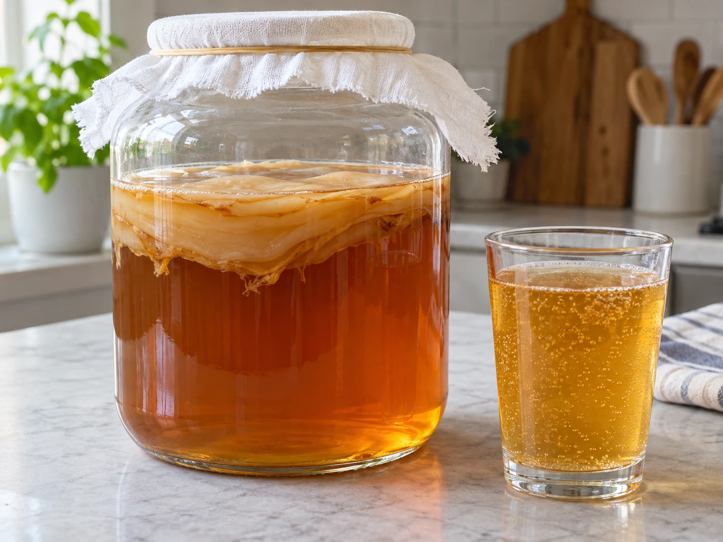 AI-generated editorial photograph of fermenting kombucha with scoby in a transparent jar; illustrative, not authenticated botanical or product evidence.