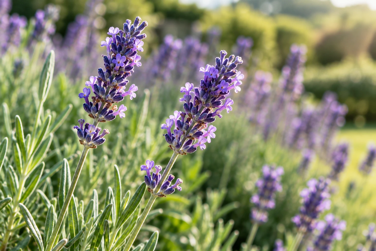 AI-generated editorial photograph of fresh flowering lavender stems with purple spikes and narrow silver-green leaves; illustrative, not authenticated specimen or product evidence.