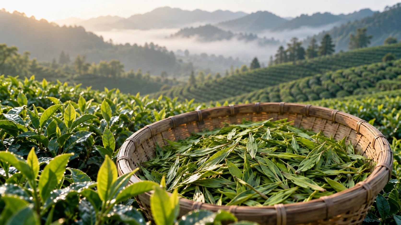 AI-generated photorealistic editorial scene of harvested green tea leaves in a basket overlooking misty tea fields; Longjing context, not a verified specimen