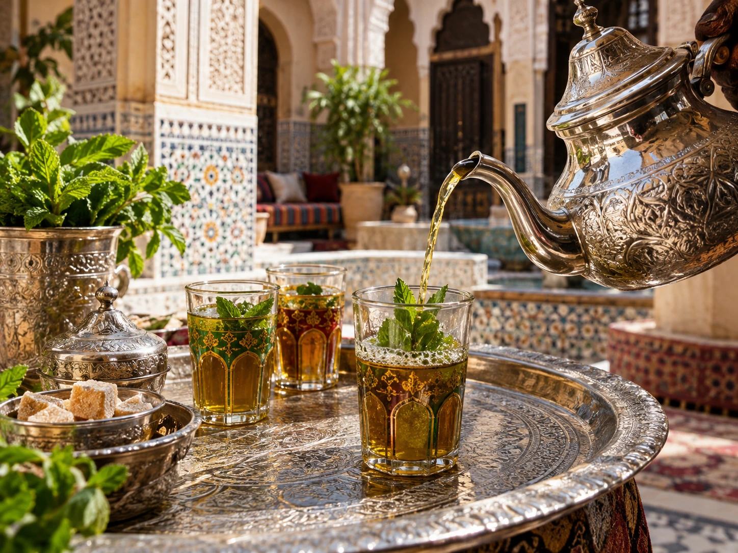 AI-generated editorial photograph of traditional moroccan silver tea service with mint and small glasses; illustrative, not authenticated botanical or product evidence.