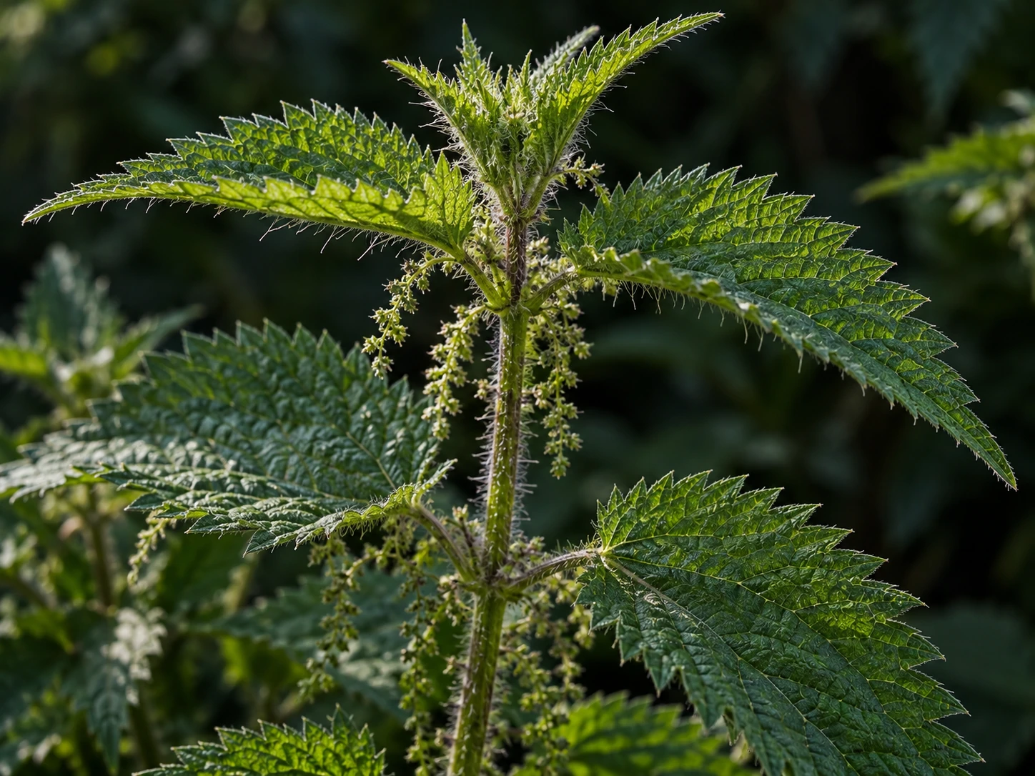 AI-generated editorial photograph of serrated stinging-nettle leaves and stems; illustrative, not authenticated botanical or product evidence.