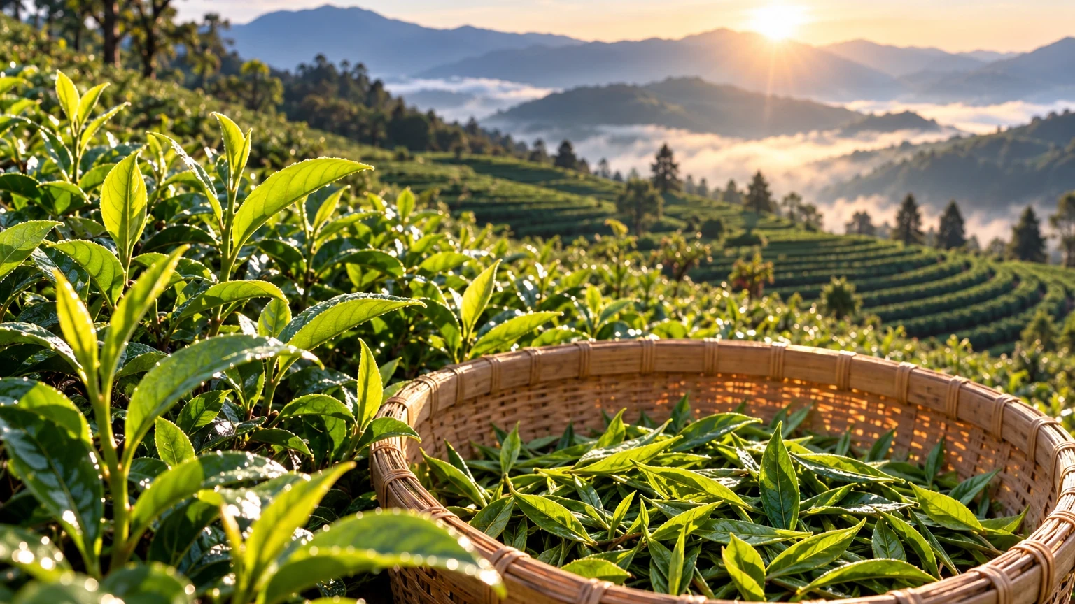 Illustrative sunlit highland tea garden and basket of fresh leaves; this is not an authenticated photograph of a Nilgiri estate.