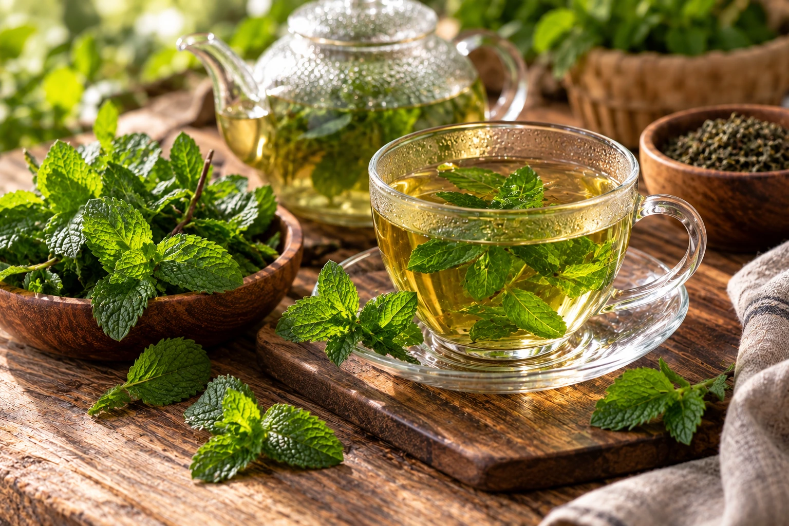 AI-generated editorial still life of serrated mint leaves beside a pale golden peppermint infusion