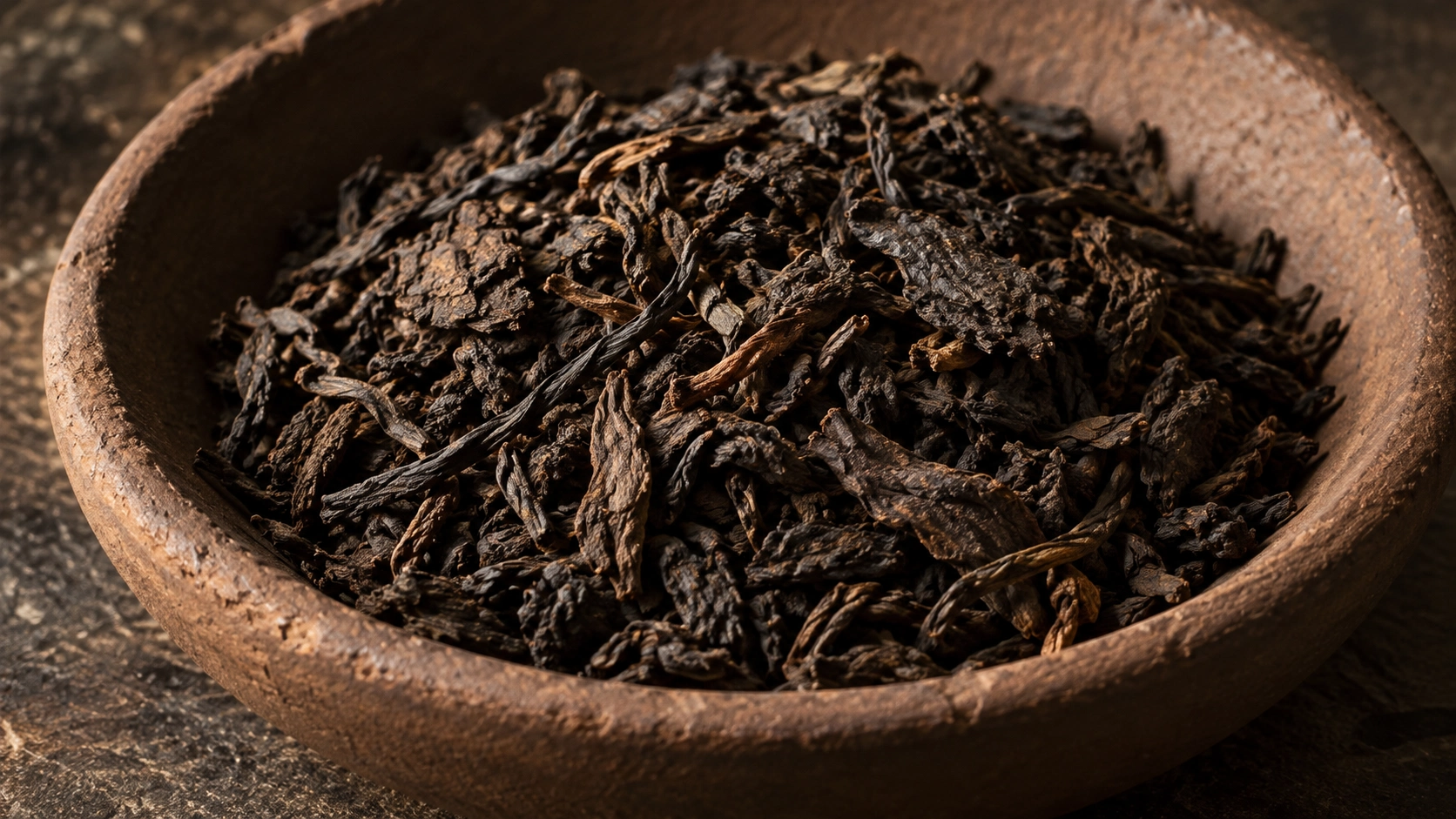 AI-generated editorial image: Aged-looking dark loose compressed-tea leaves in an earthen bowl; origin unverified