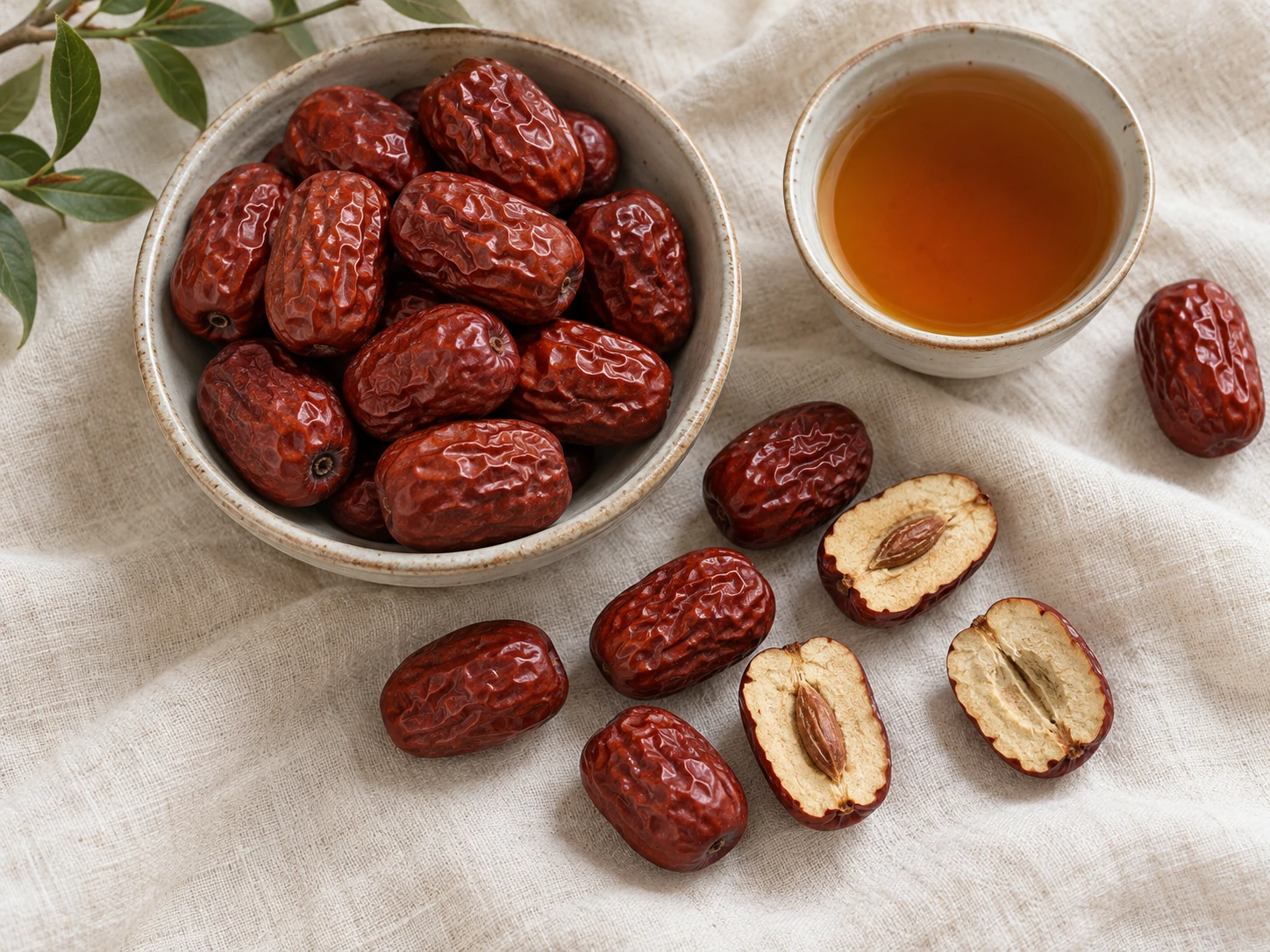 AI-generated editorial photograph of dried wrinkled red jujube dates and a brewed infusion; illustrative, not authenticated botanical or product evidence.