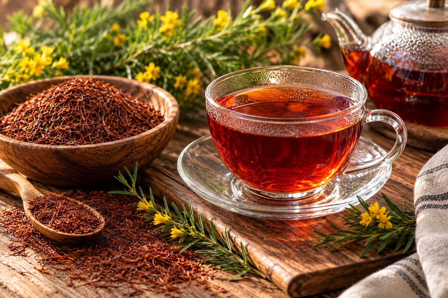 AI-generated editorial scene of thin reddish rooibos leaves and a copper-red brewed infusion