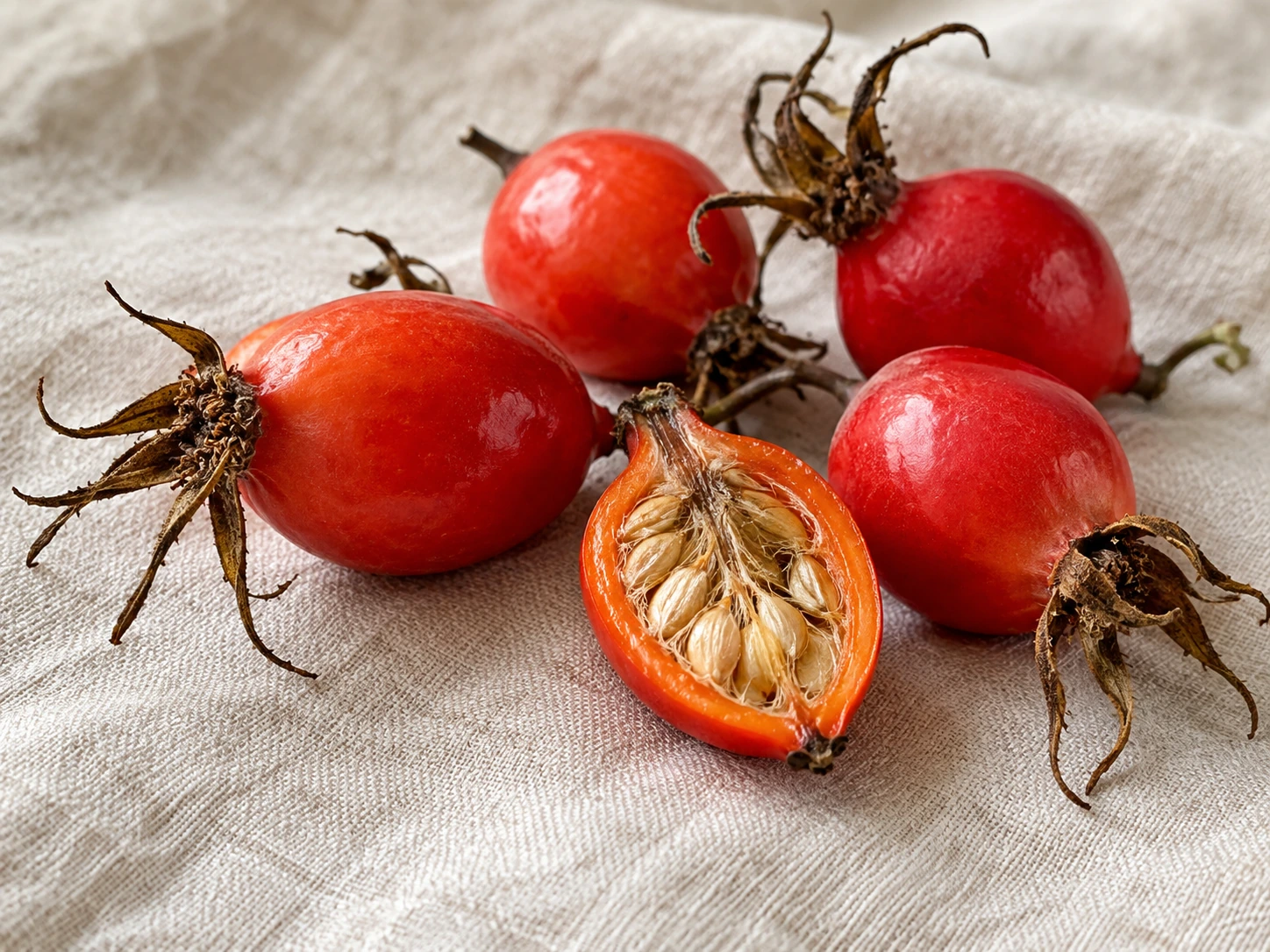 AI-generated editorial photograph of red rosehips and their cut interiors; illustrative, not authenticated botanical or product evidence.