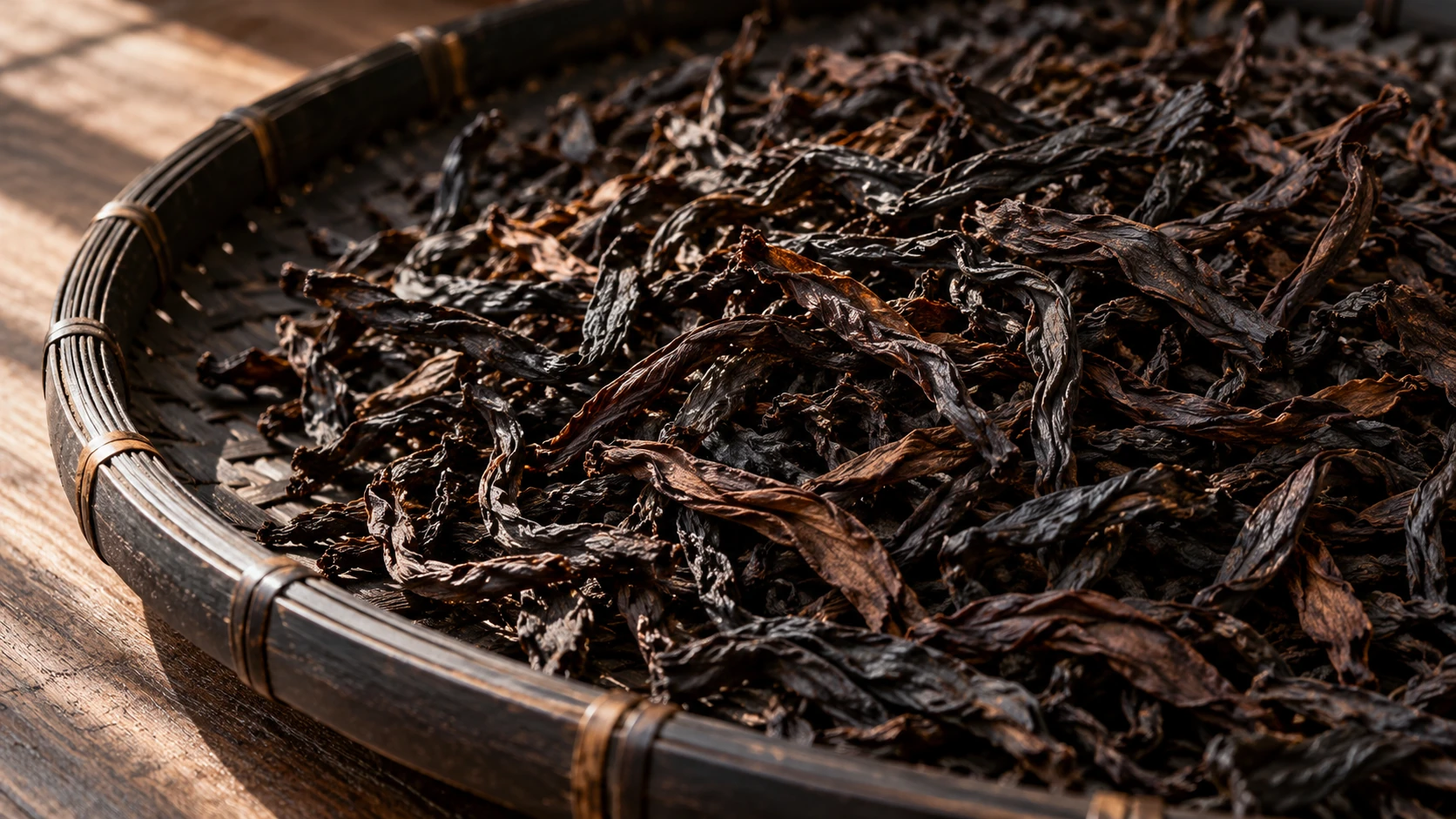 Dark roasted oolong-style leaves in a woven basket; Rou Gui cultivar unverified.