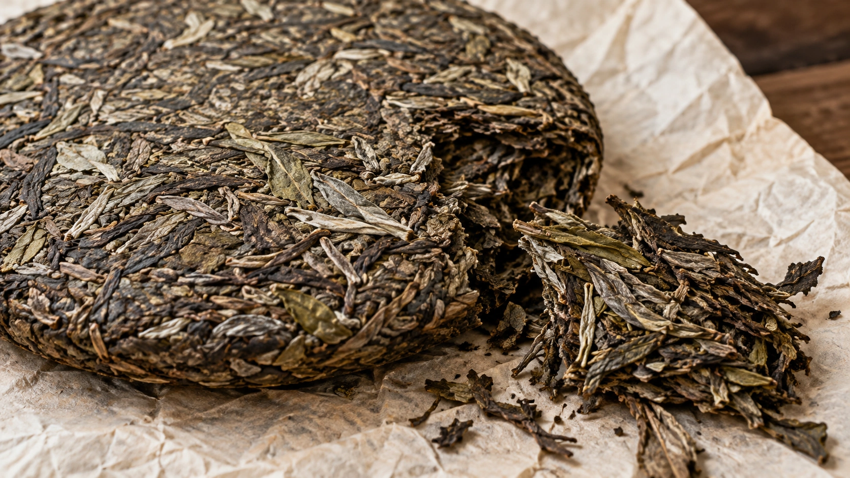 AI-generated editorial illustration: Compressed loose-leaf tea cake and scattered leaves on neutral parchment; Pu-erh subtype and age unverified