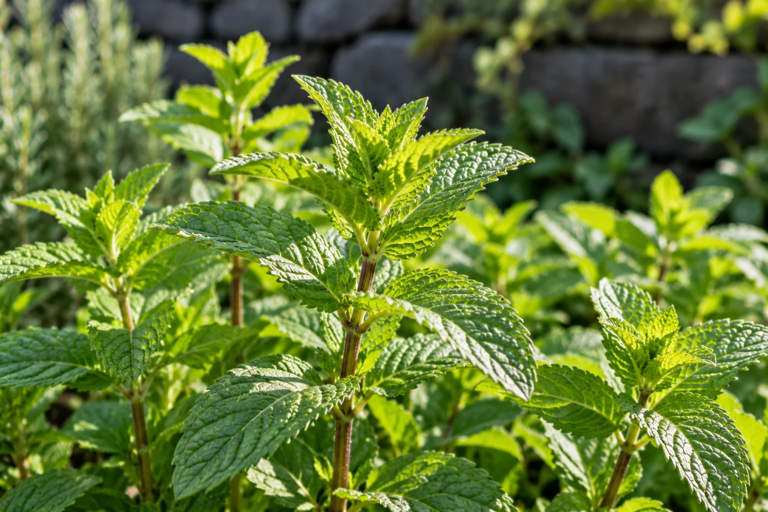 AI-generated editorial photograph of green spearmint stems with serrated leaves growing in a sunlit garden; illustrative, not authenticated specimen or product evidence.