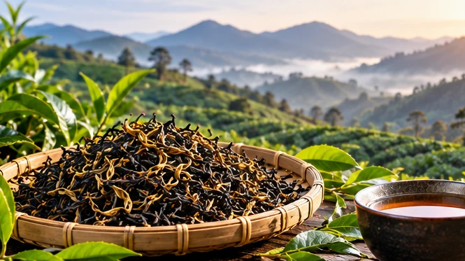 Black tea leaves, tea plants, and a brewed cup in a mountain landscape; not verified Thai provenance.