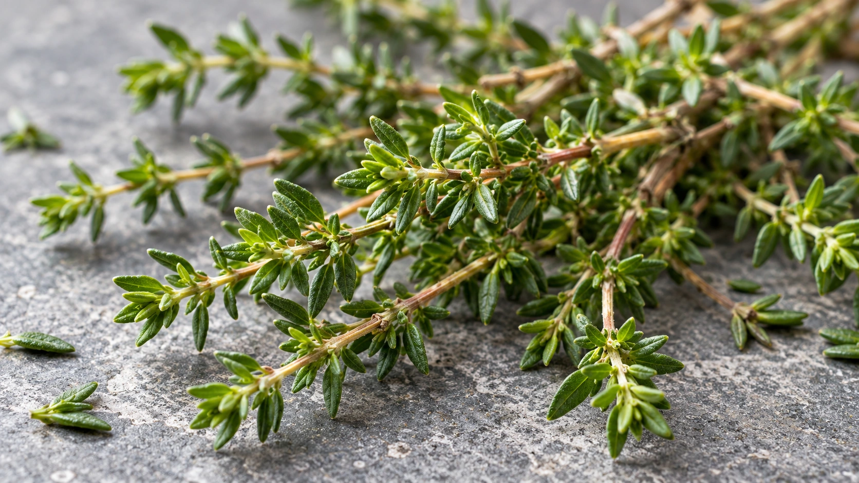 AI-generated editorial image: thyme sprigs, editorial botanical still life; not a verified specimen