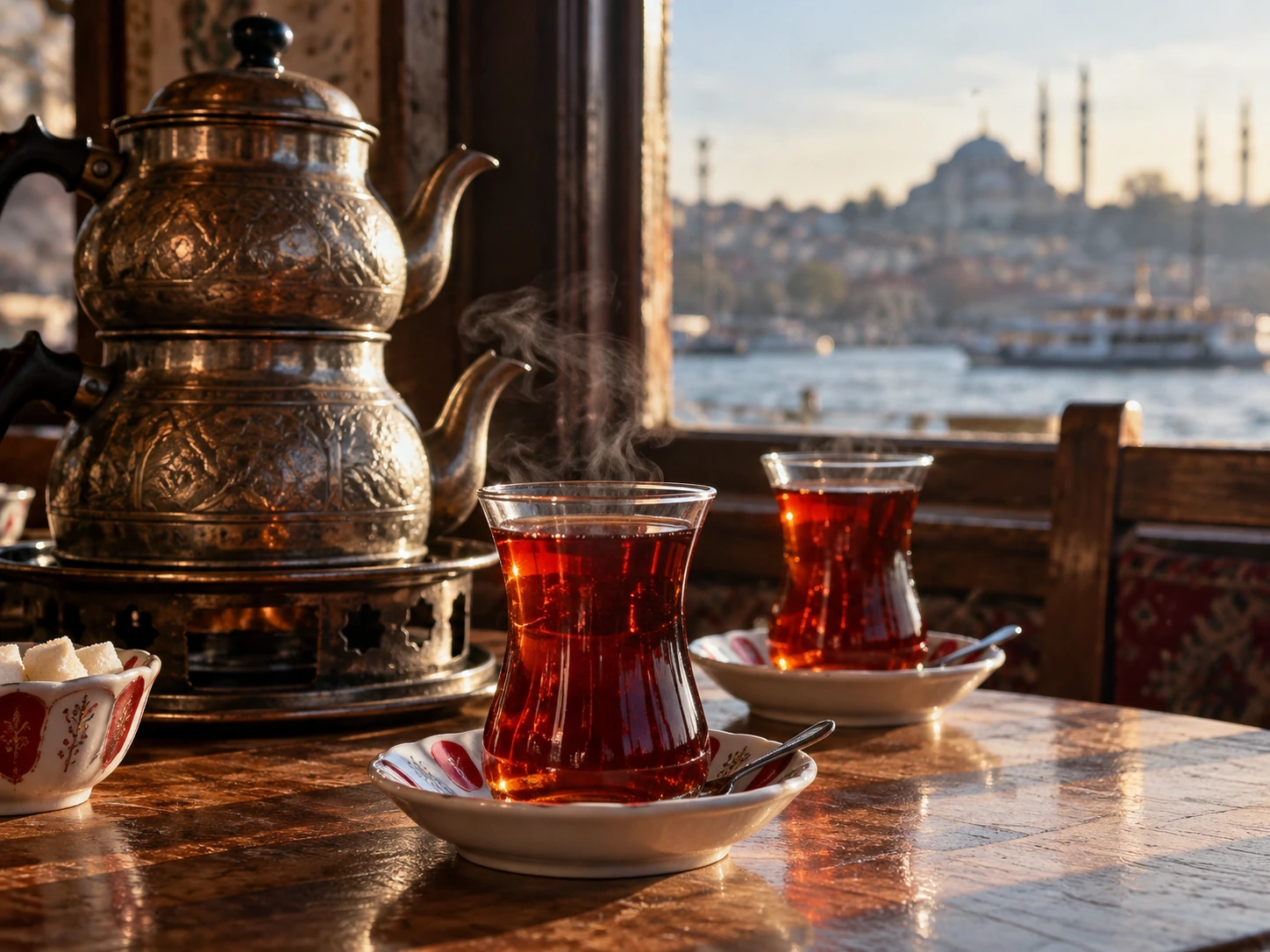 AI-generated editorial photograph of dark amber turkish çay in tulip-shaped glasses; illustrative, not authenticated botanical or product evidence.