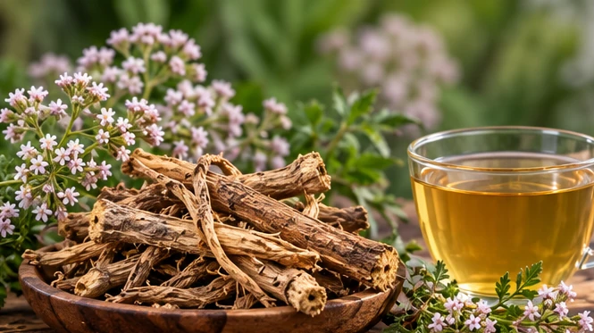 Dried roots and a cup of herbal infusion; valerian species not botanically authenticated.